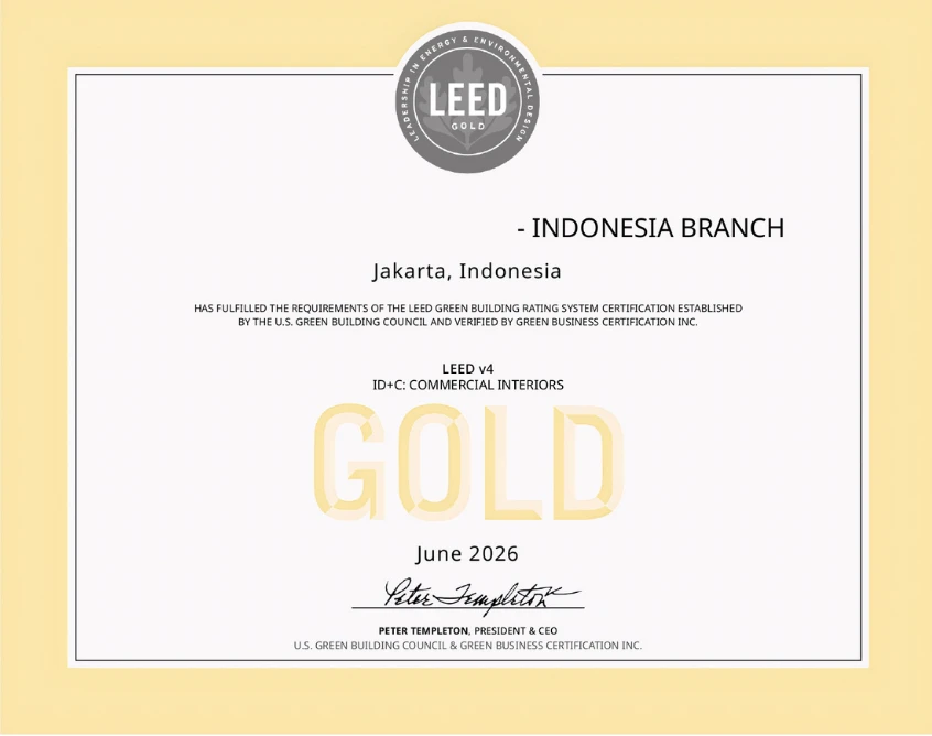 LEED Gold certificate for a global investment bank office in Jakarta under LEED v4 ID+C: Commercial Interiors